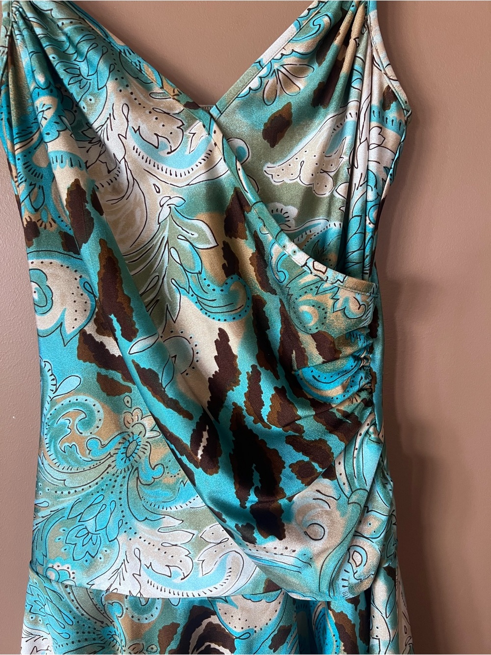 Vintage Turquoise Paisley Asymmetrical Slip Dress - Picture 3 of 5